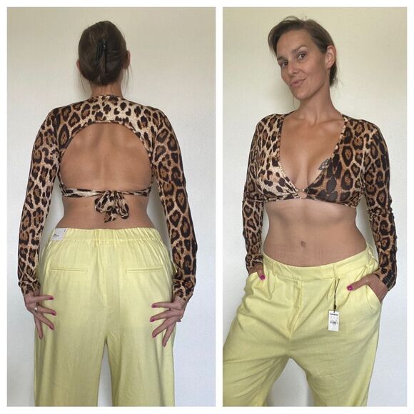SHEIN Leopard Top Wrap Tie Backless Crop Stretchy Small Party - Picture 1 of 7